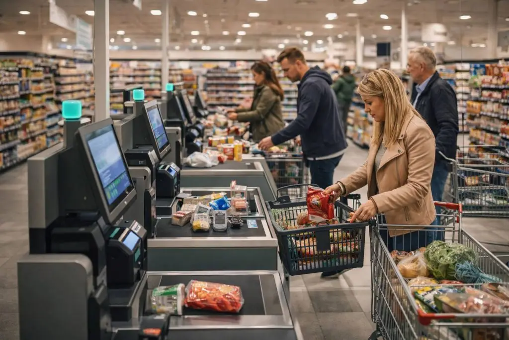 AH openingstijden - Zelfbedieningskassa in een moderne supermarkt