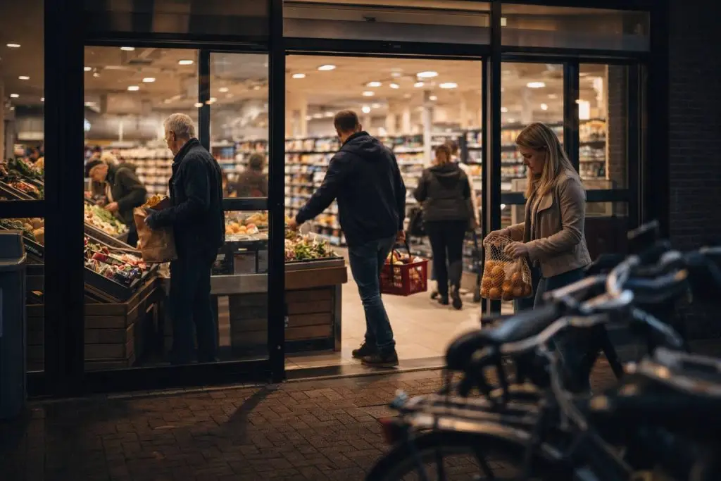 Avondwinkelend publiek bij de ingang van de supermarkt