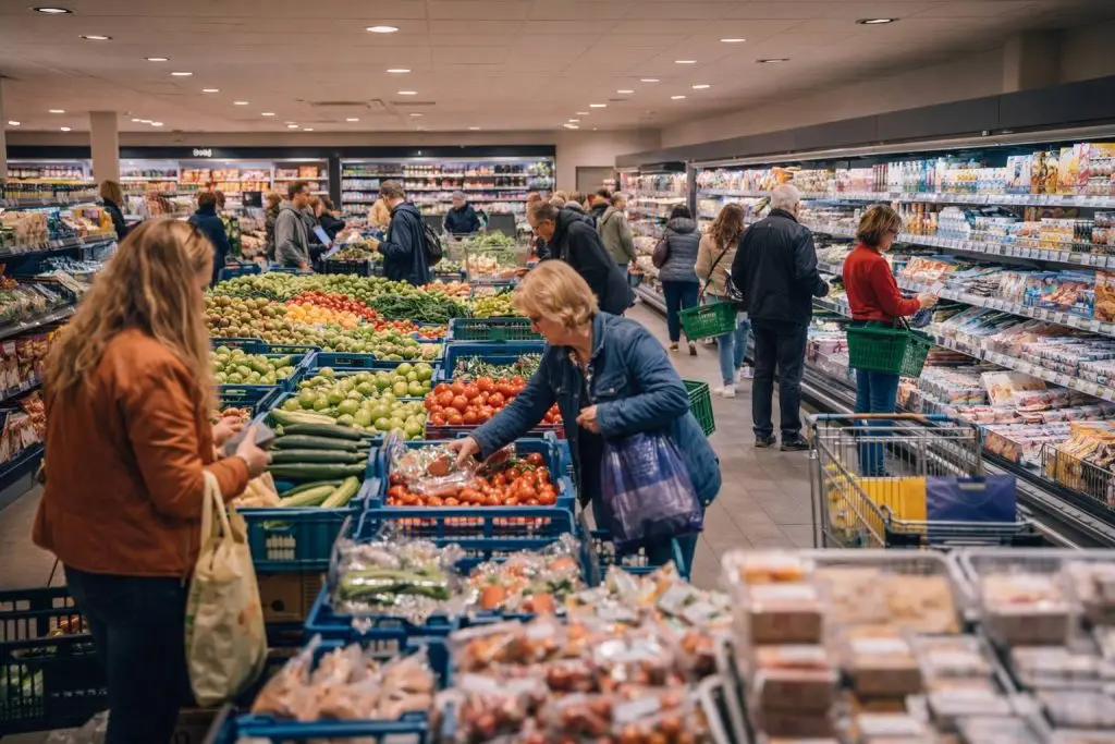 Dirk van den Broek openingstijden - Drukte met groente en fruit in de supermarkt en klanten