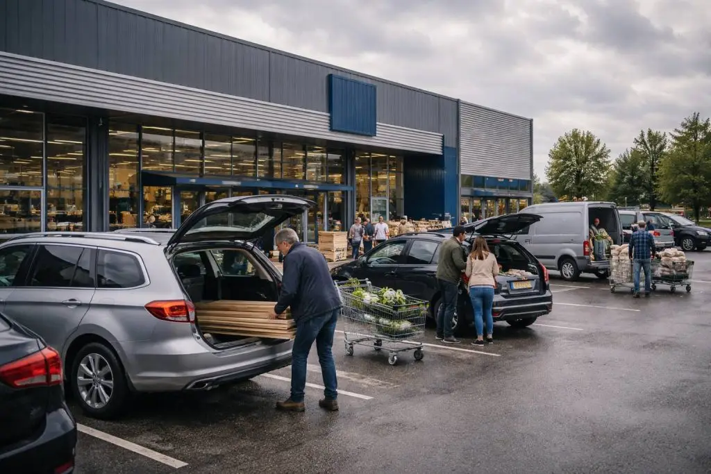 Drukke doe-het-zelfwinkel op een bewolkte dag