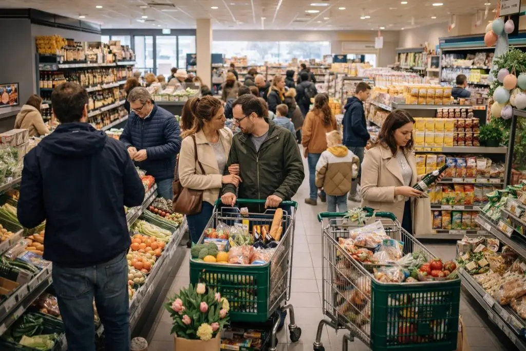 Drukte in een supermarkt tijdens een feestweekend