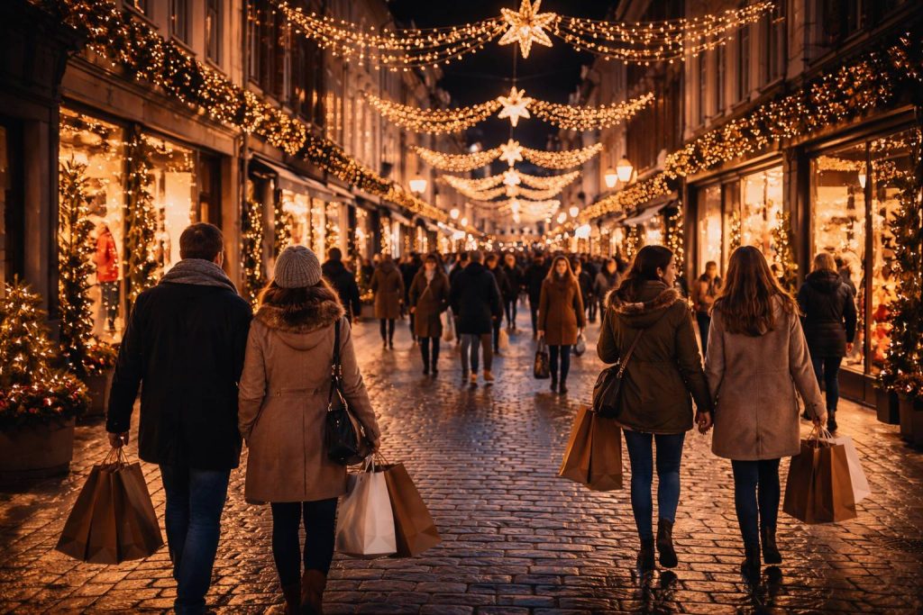Feestelijke kerstinkopen in een straat met kinderkopjes - Kerst openingstijden