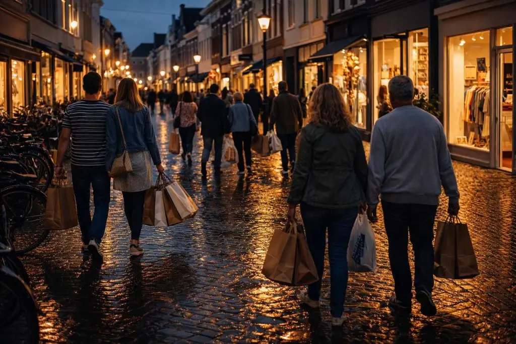 Koopavond openingstijden - Wandeling in de schemering op een regenachtige straat