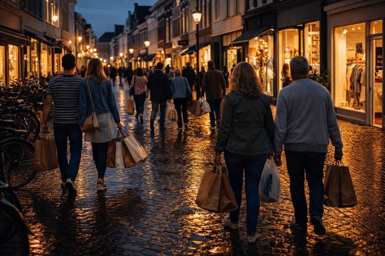 Koopavond openingstijden - Wandeling in de schemering op een regenachtige straat