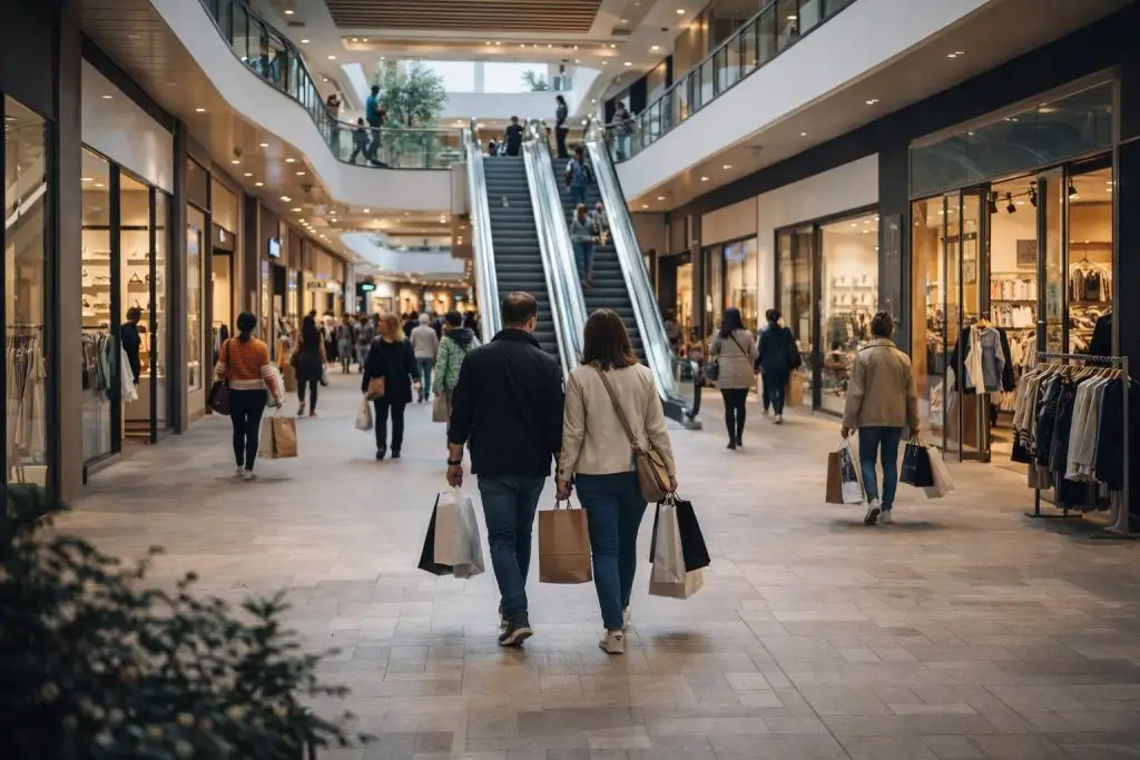 Modern winkelcentrum in volle bedrijvigheid