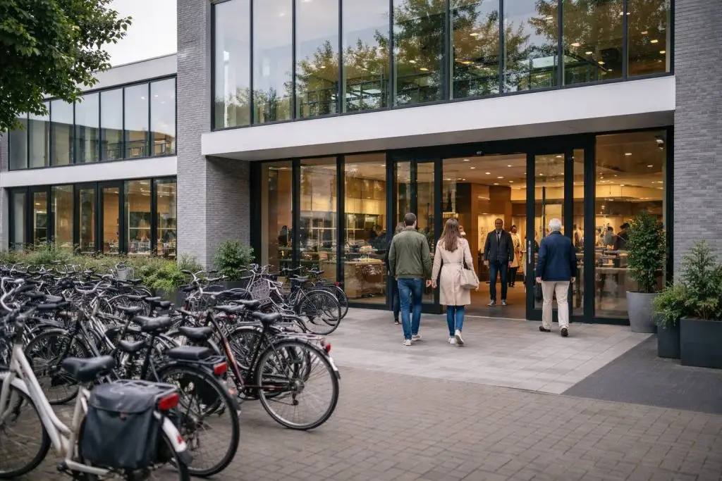 Moderne bibliotheek en drukke fietsenstallingen