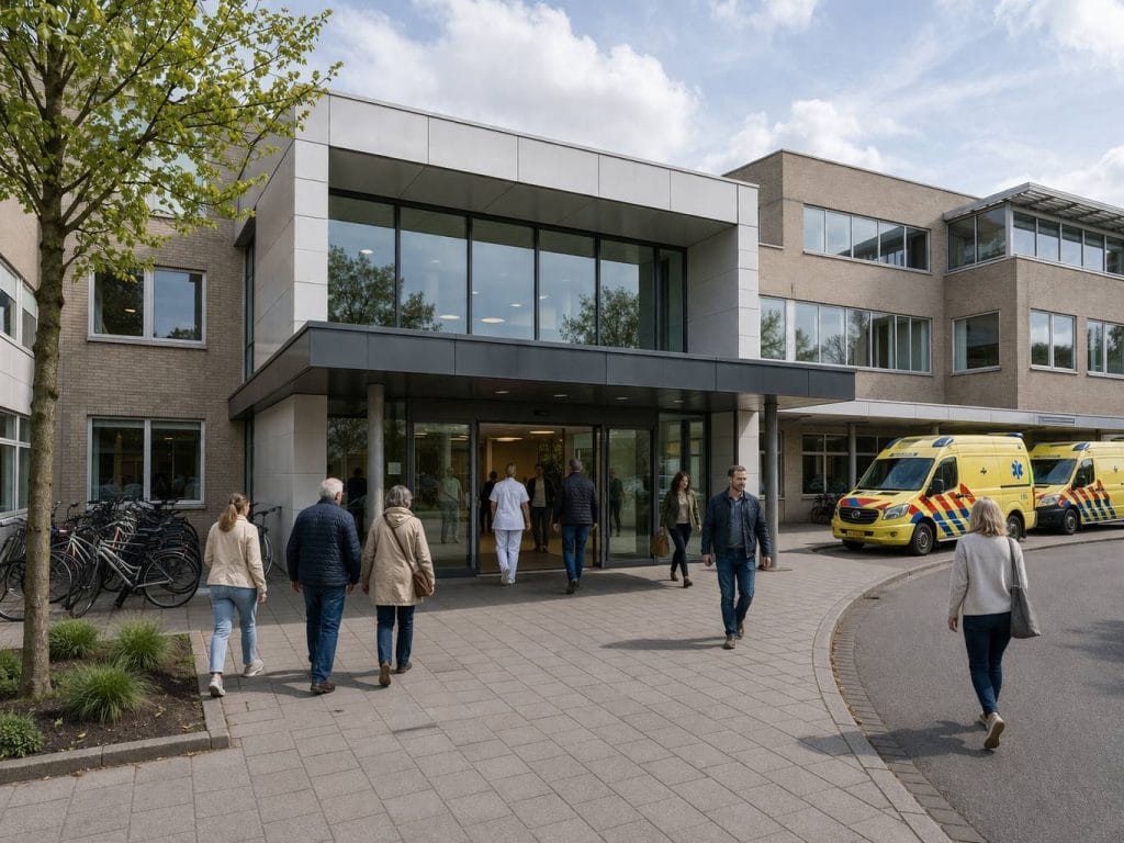 Moderne ziekenhuisingang met ambulances en fietsen - Ziekenhuis openingstijden