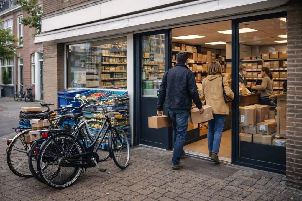 Nederlandse buurtwinkel met fietsen buiten