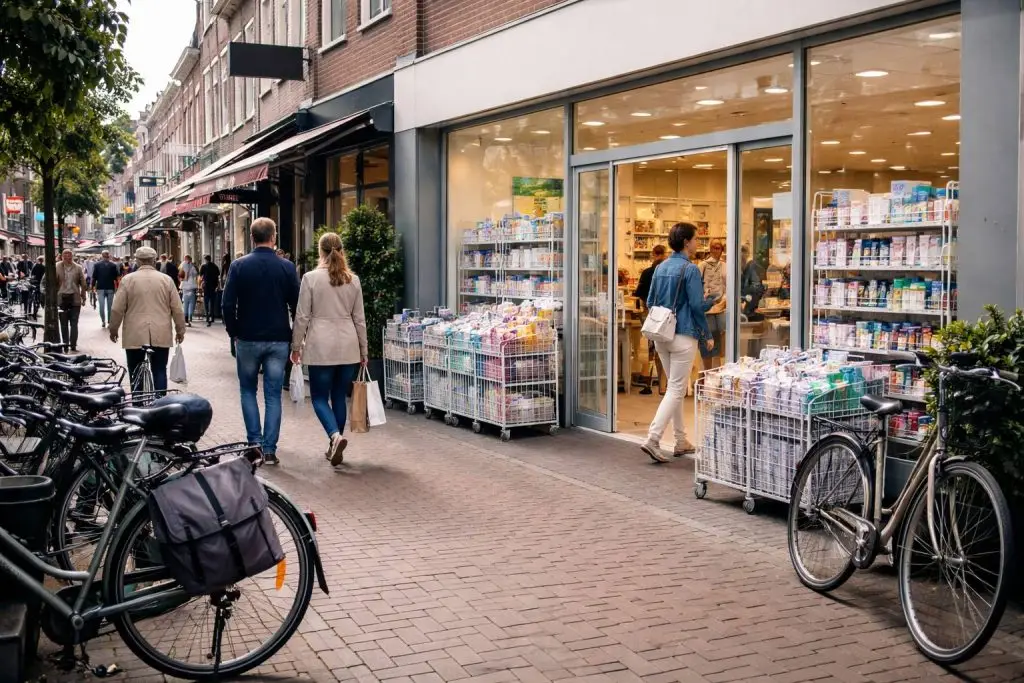 Nederlandse winkelstraat met voetgangers