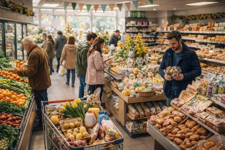 Paasinkopen in een lentesupermarkt - Pasen openingstijden