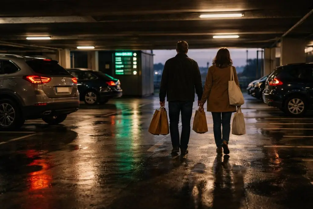 Parkeergarage bij zonsondergang – koopavond planning