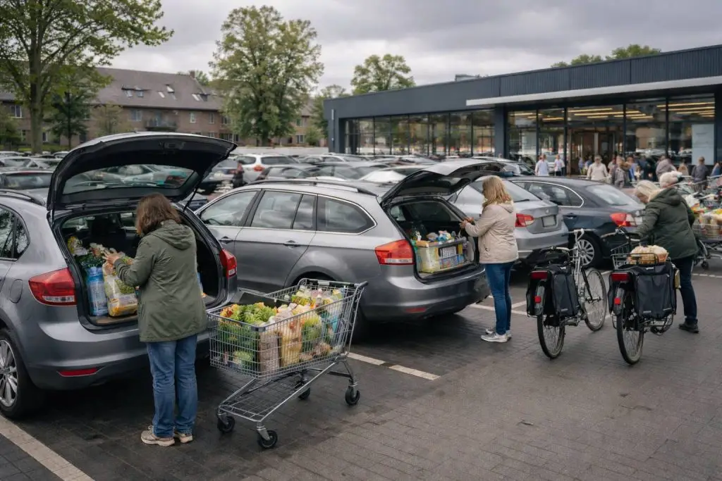 Parkeerplaats van de supermarkt op een drukke dag