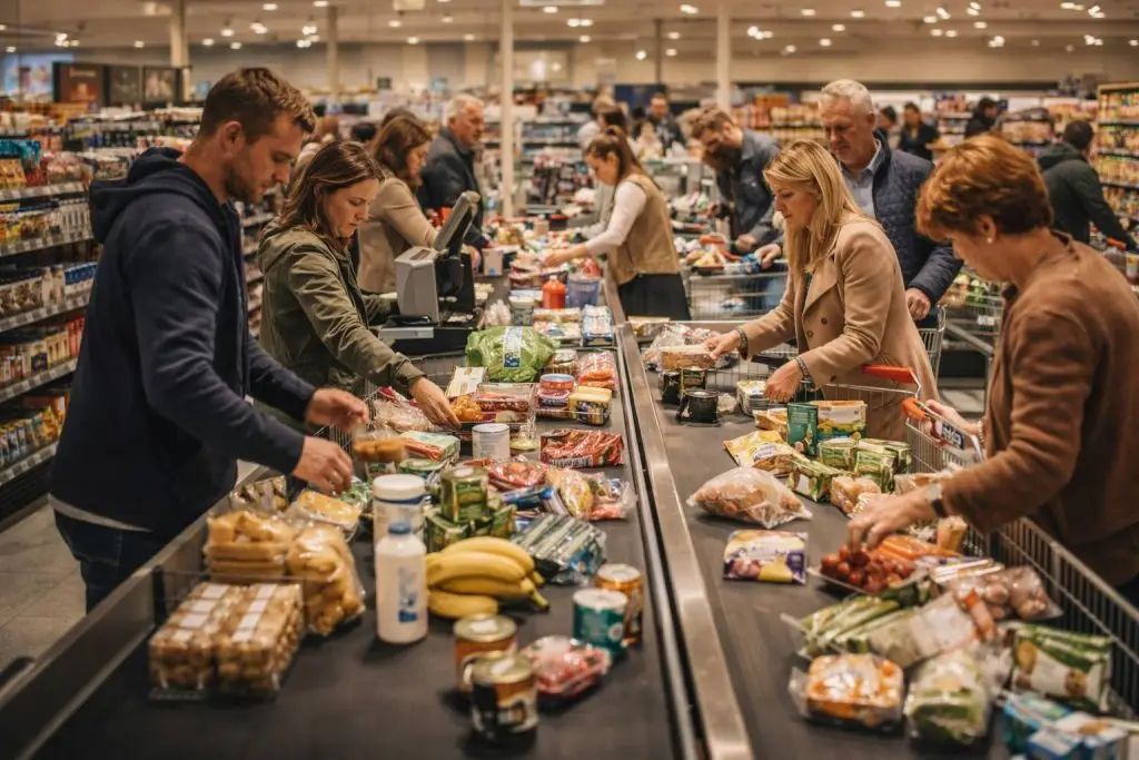 Spits bij de kassa van een supermarkt