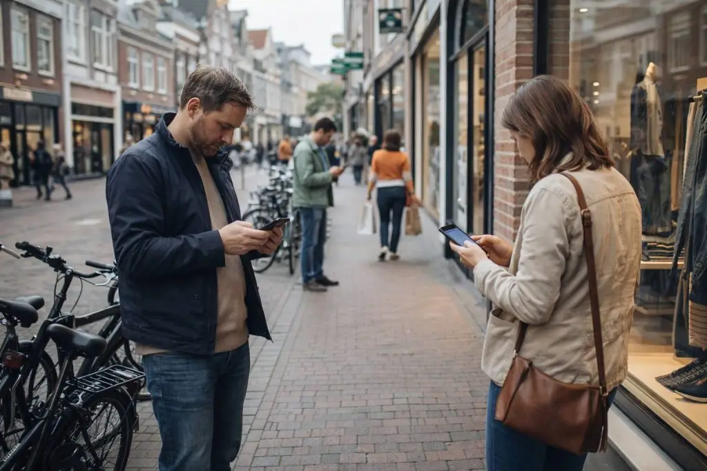 Telefoons checken in een Nederlandse winkelstraat